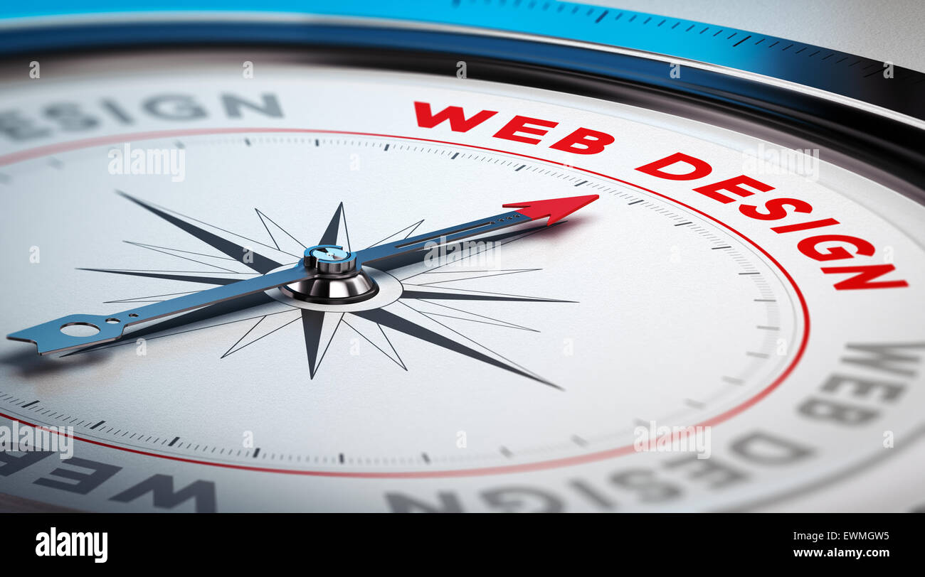 Compass with needle pointing the word web design. Conceptual illustration suitable for a webdesign company or online digital mar Stock Photo