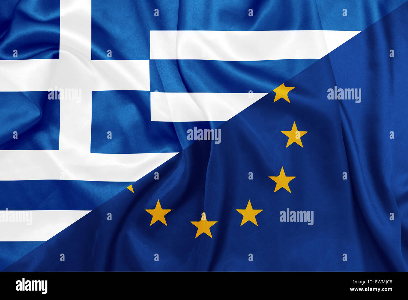 Greece and E.U flags on silk texture Stock Photo