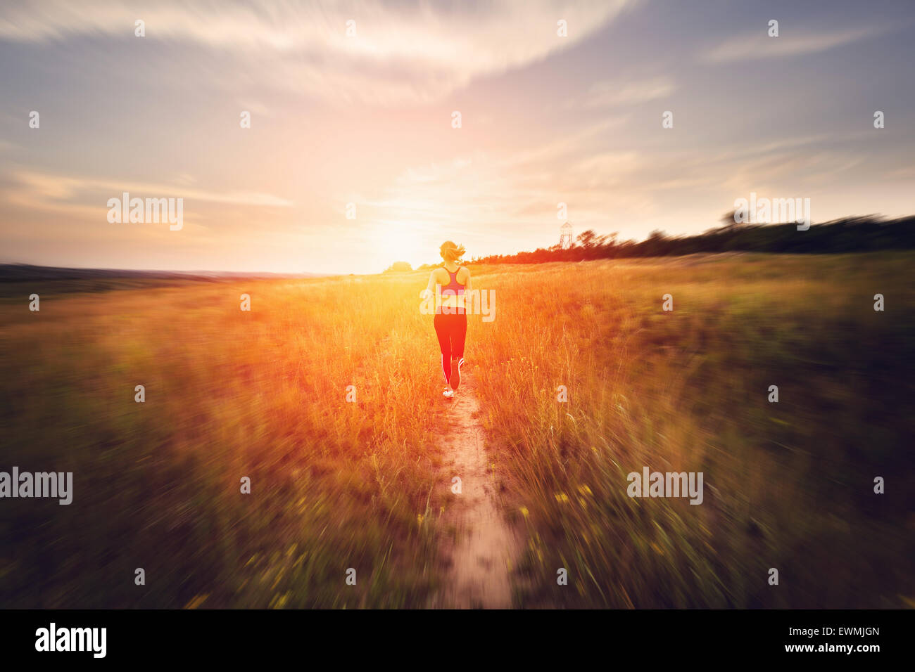 Young woman running on a rural road at sunset in summer field. Lifestyle sports background Stock Photo