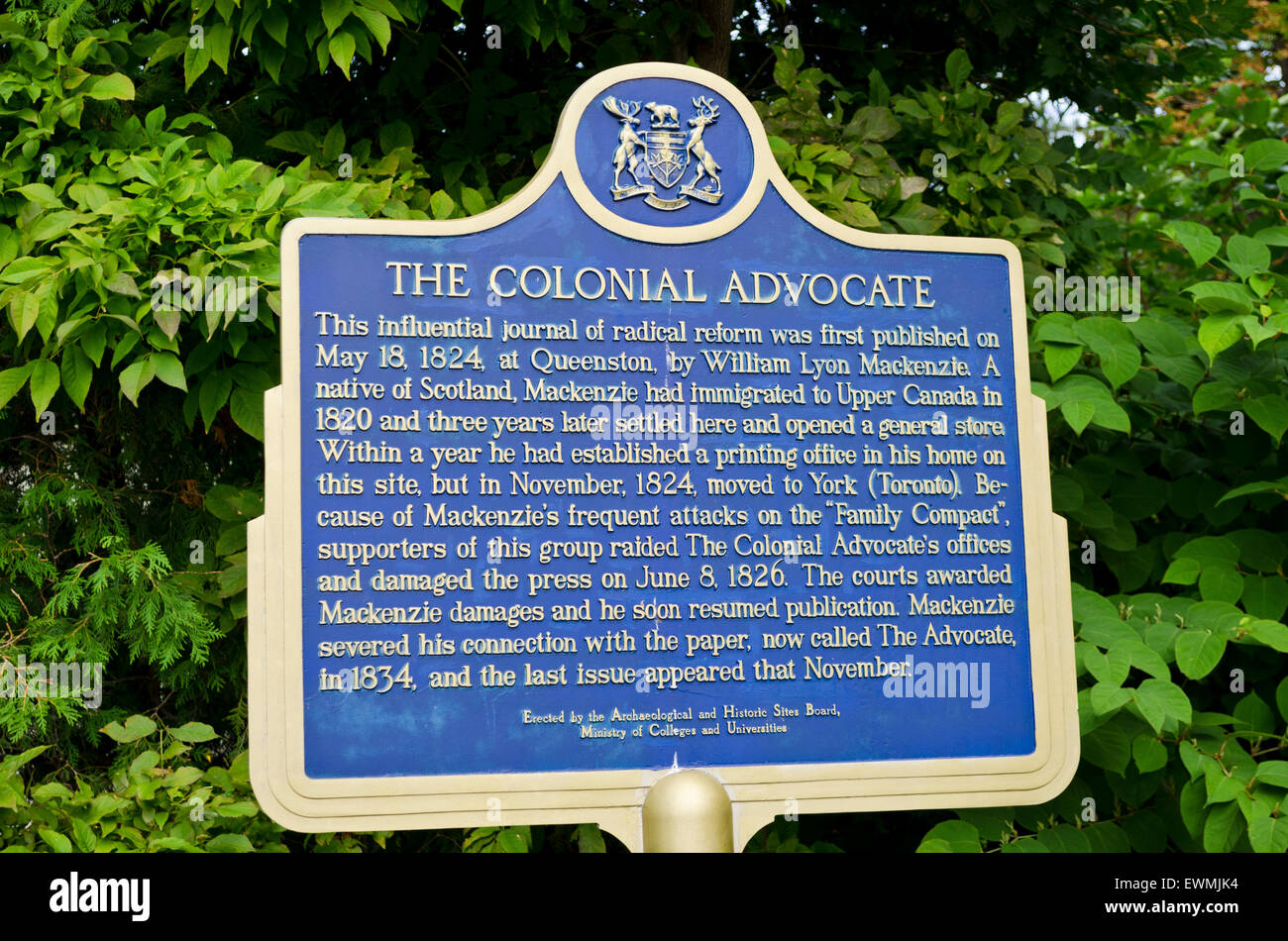 Interpretive sign for 'The Colonial Advocate', a radical journal published by William Lyon Mackenzie in the 1800s Upper Canada. Stock Photo