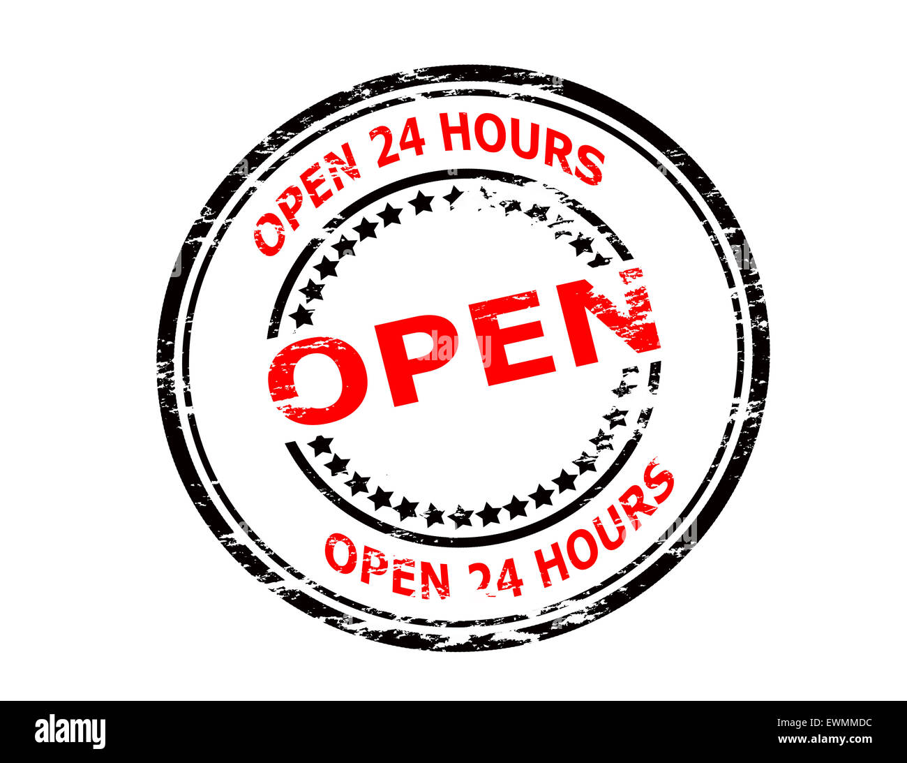 Rubber stamp with text open twenty four hours inside, illustration