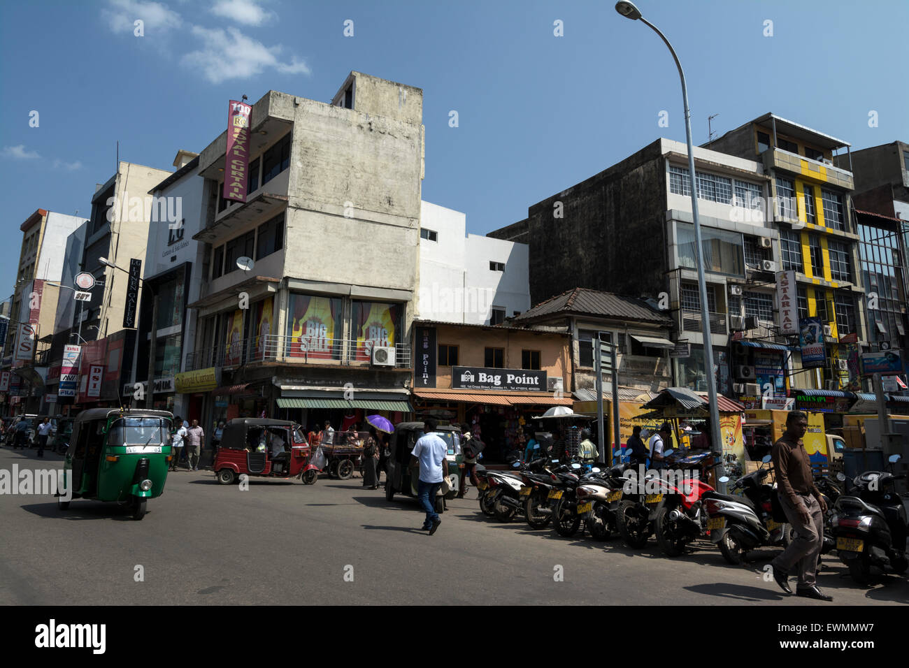 Main thoroughfare street, Olcott Mawata (Front Street) in the Pettah Markets district of Colombo, Sri Lanka.   Pettah Markets is Stock Photo