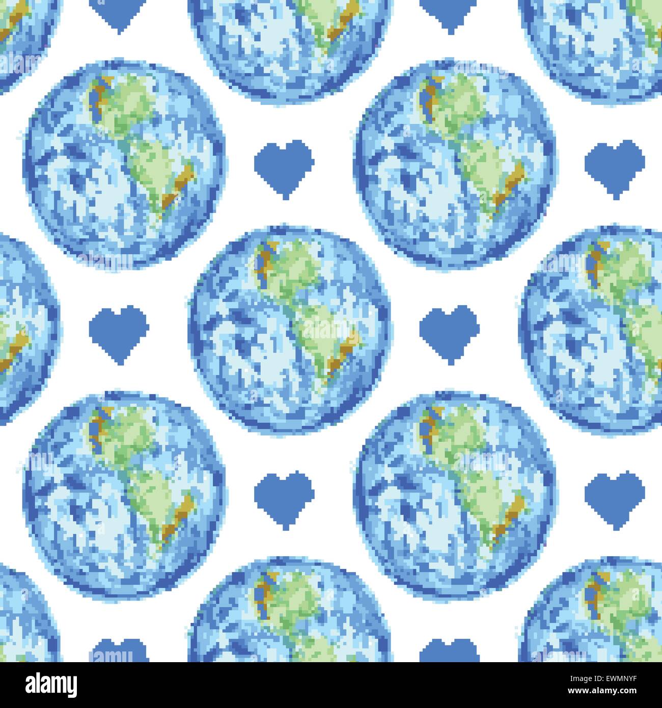 Sketch Earth and heart in vintage style, vector seamless pattern Stock Vector