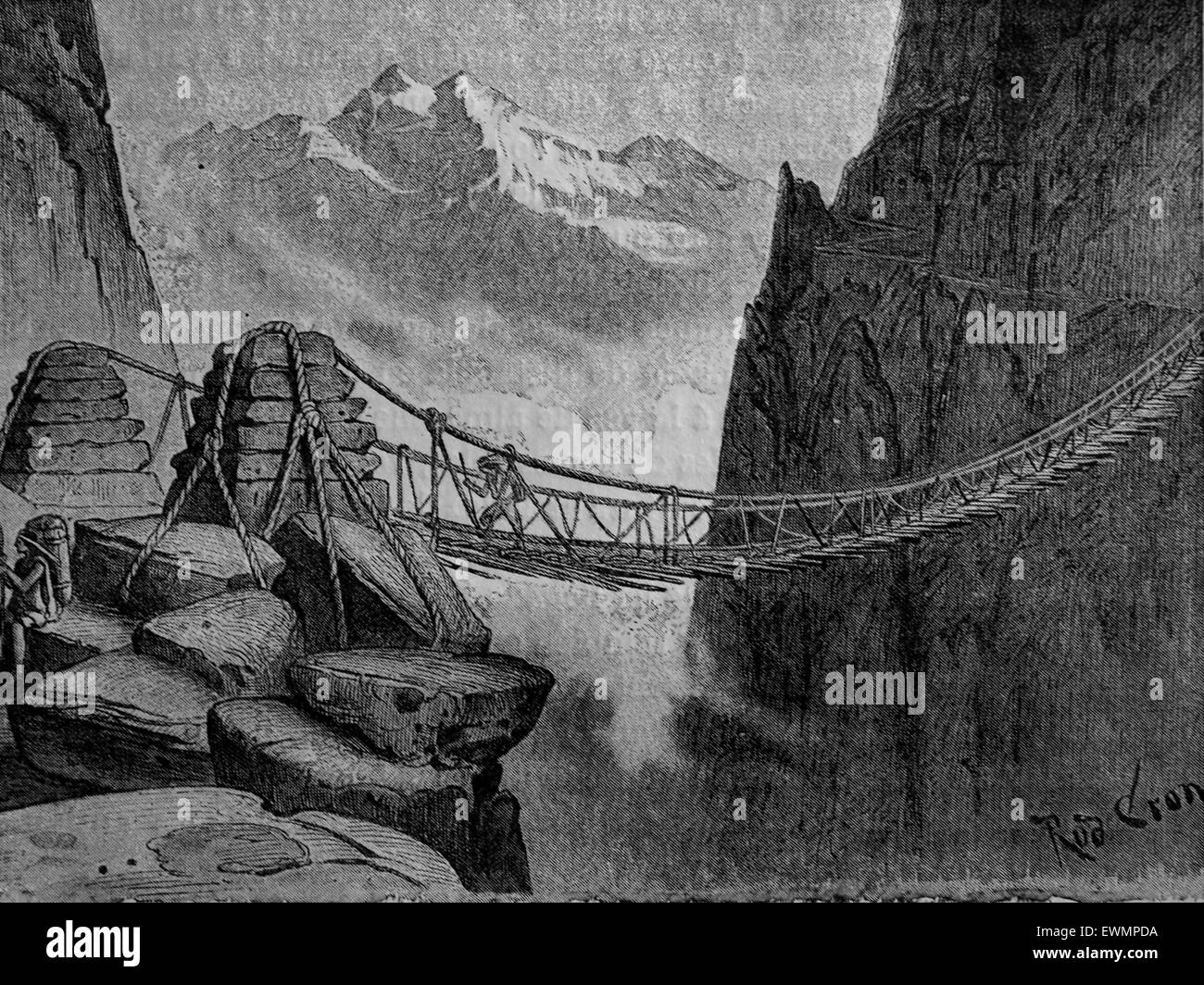 Incan Rope Bridge. Incan Empire. Andes Mountains. Engraving by Rodolfo Cronau. 19th c. Stock Photo