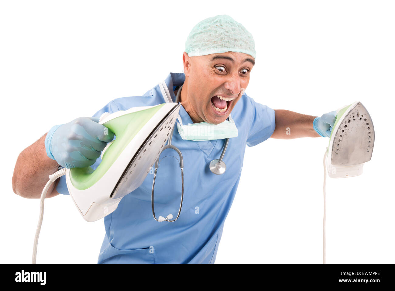 doctor with irons ready for defribillation Stock Photo