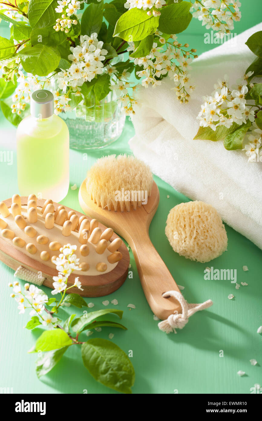 spa aromatherapy with bird cherry blossom essential oil brush towel