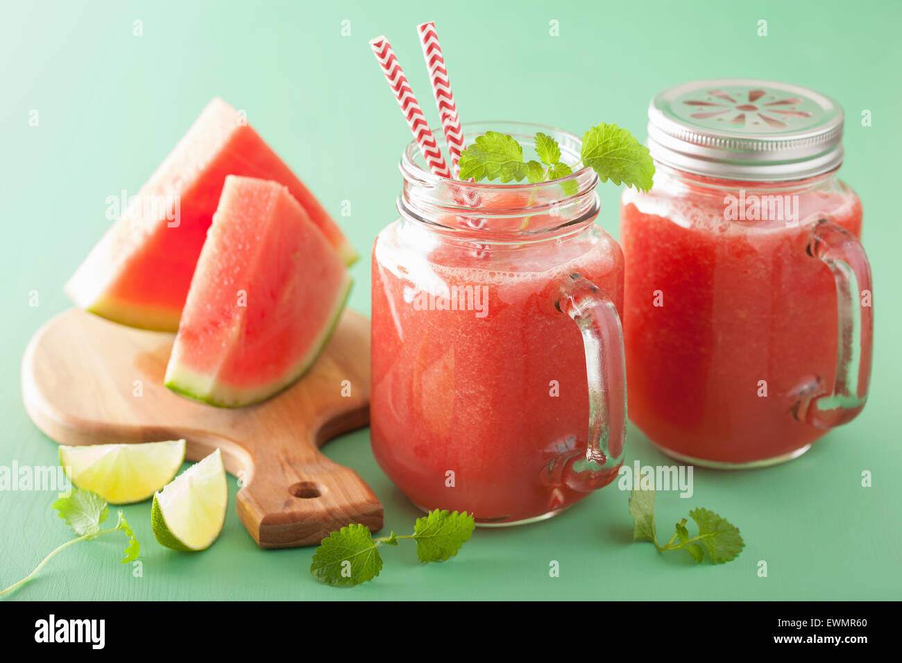 watermelon lime smoothie in mason jars Stock Photo Alamy