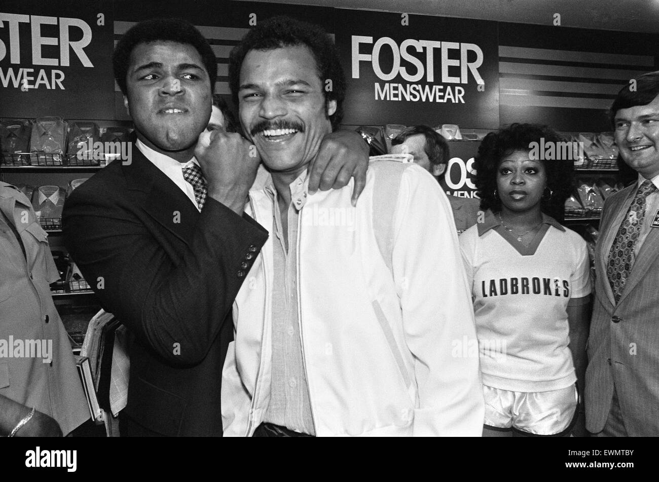 Muhammad Ali Visiting the Bull Ring Shopping Centre in Birmingham. Pictured here with John Conteh in Debenhams Department Store. 7th June 1979. Stock Photo