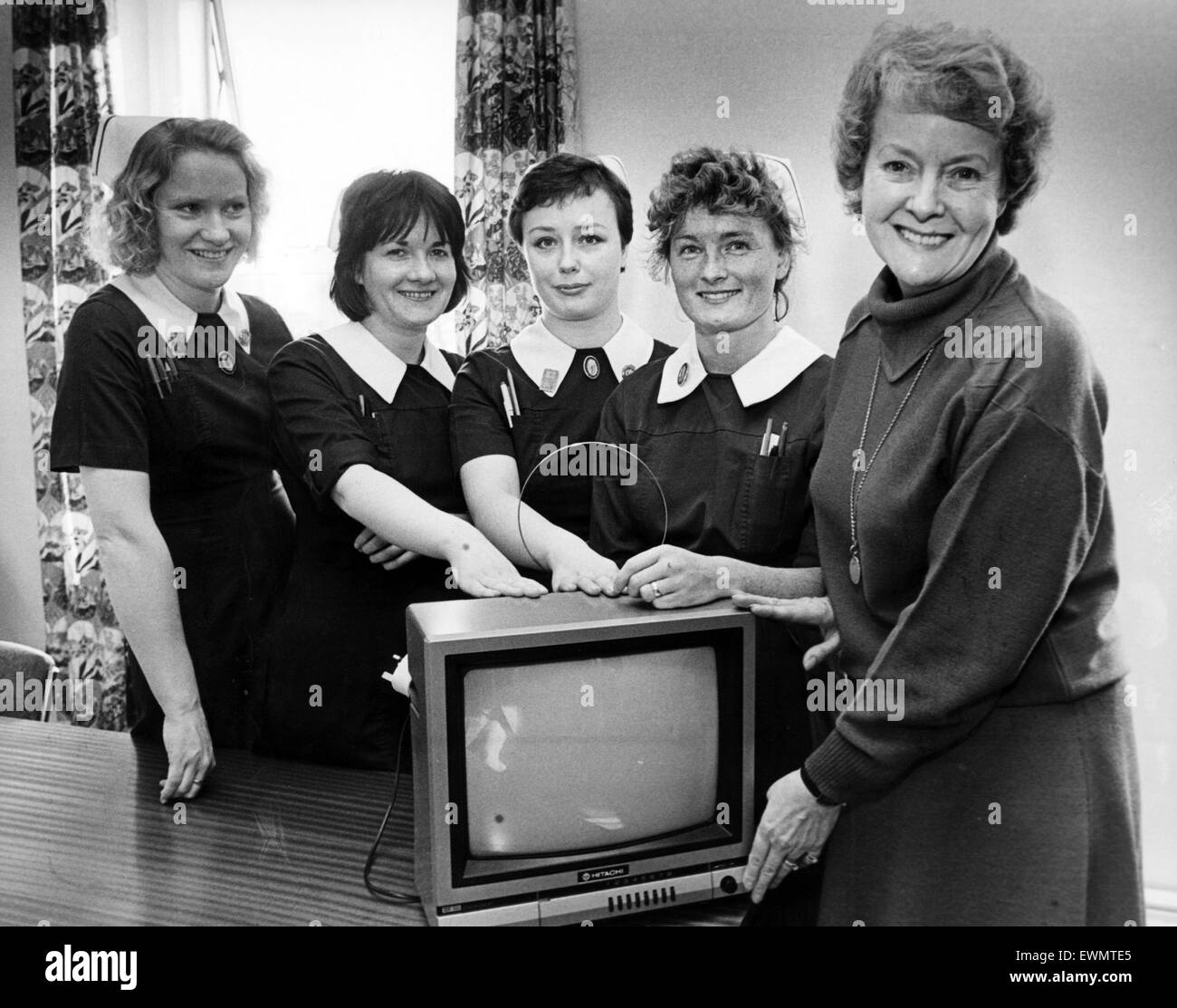 Expectant mums need never miss an episode of Dallas or Dynasty thanks to the generosity of a hospital charity group. Five colour television sets worth £900 were handed over to Middlesbrough Maternity Hospital by the League of Friends of the South Tees Mat Stock Photo
