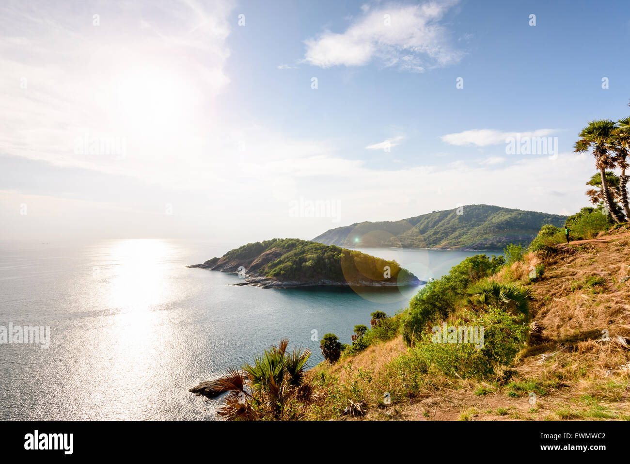 High angle view beautiful landscape lens flare on sky above the island in Andaman sea from at Laem Phromthep Cape scenic point i Stock Photo