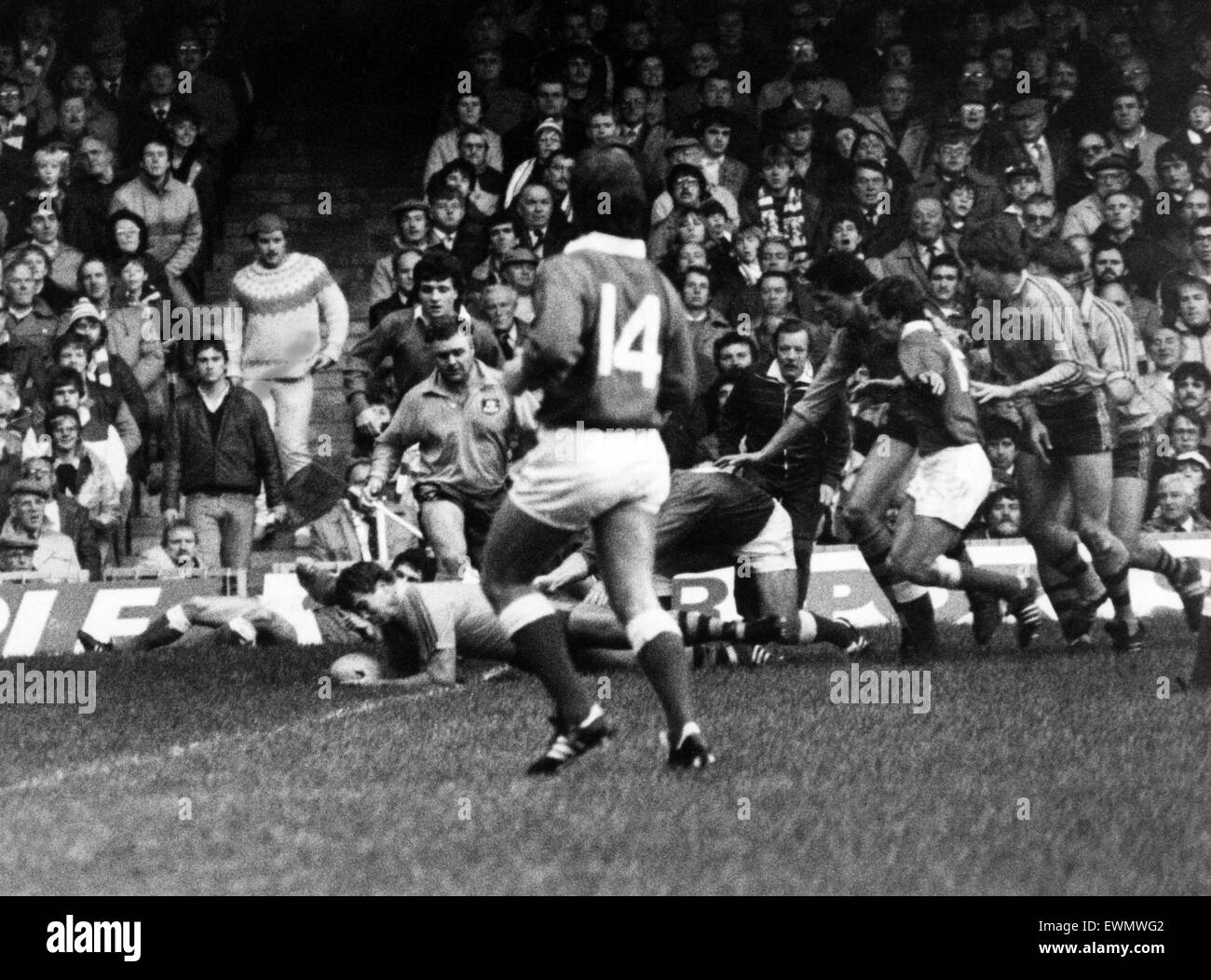 Australia 28-9 Wales, Australian 1984 rugby union tour of Britain and Ireland, Match 12, Cardiff Arms Park, Cardiff, 24th November 1984. Tom Lawton goes over the welsh line to score first try for Australia. Stock Photo