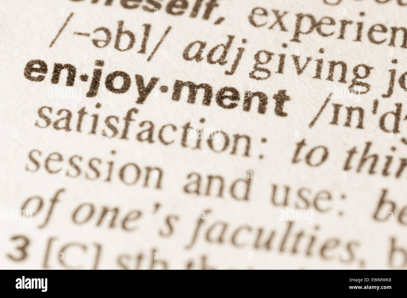 Definition of word enjoyment in dictionary Stock Photo