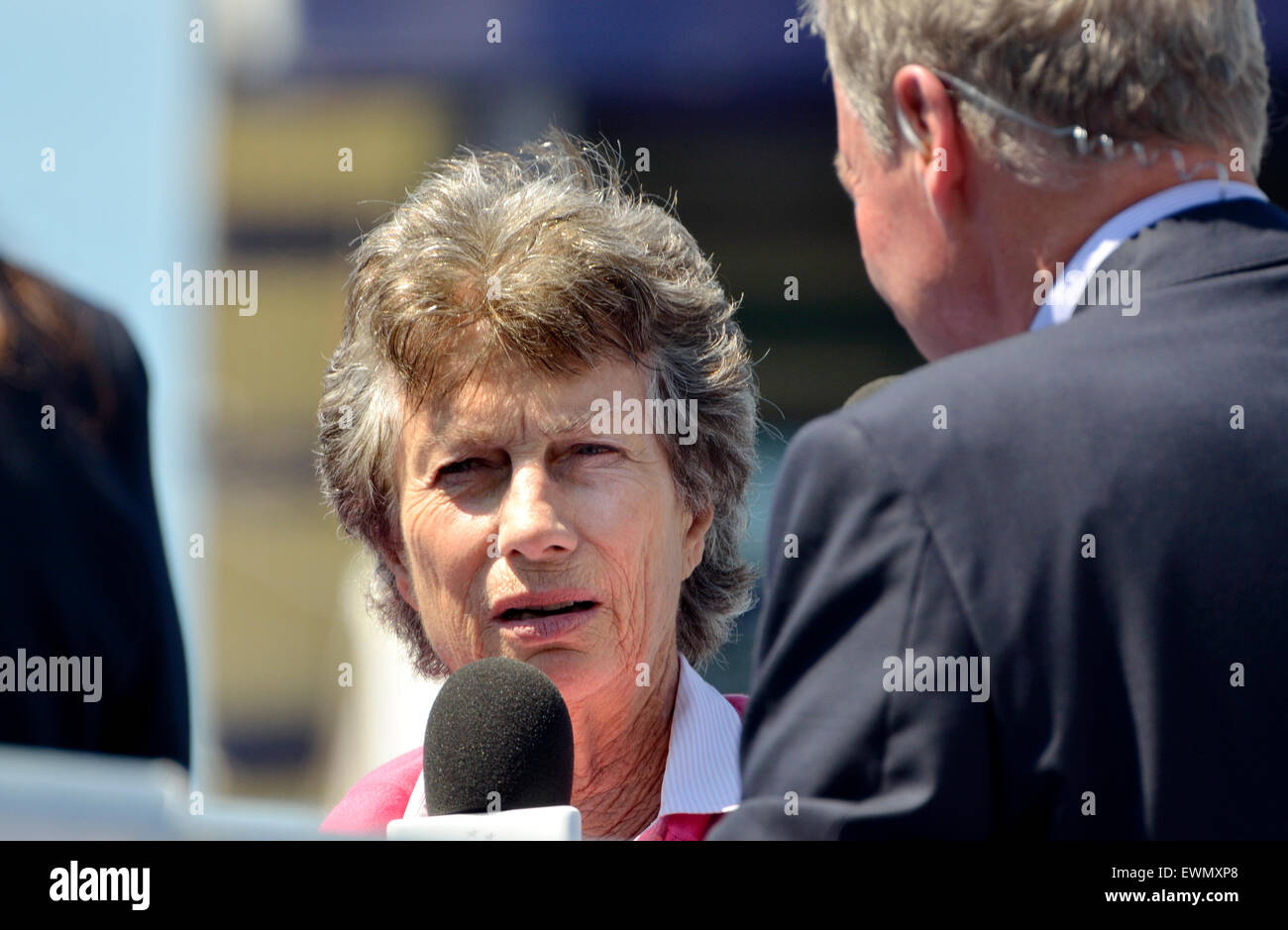 Virginia Wade, former British No 1 ladies tennis player, doing a TV interview Stock Photo