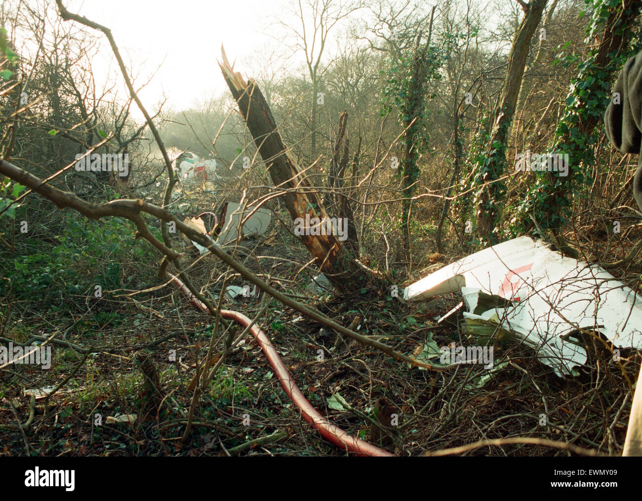 The wreckage near Coventry Airport following the Boeing 737 crash, which killed five people. 21st December 1994. Stock Photo