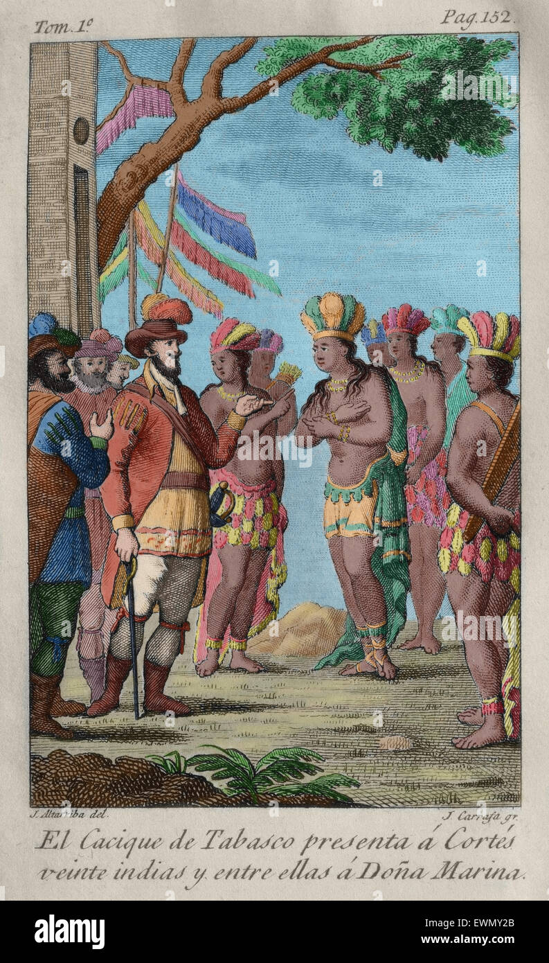 The cacique of Tabasco presents to Hernan Cortes twenty Indian and between they Dona Marina. Engraving, 1825. Colored. Stock Photo