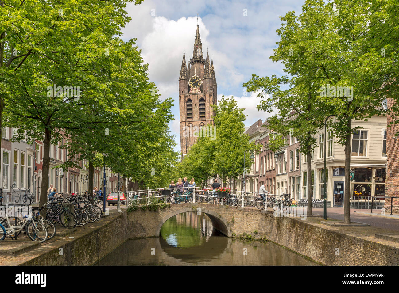View on The Old Church ( Oude Kerk ) in Delft, which has a sagging tower, dating back to 1246, South Holland, The Netherlands. Stock Photo