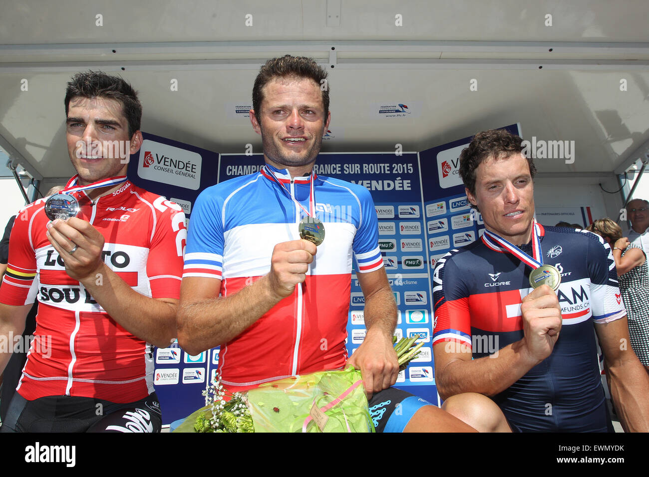 Chantonnay Frace. 28th June 2015. hampionnats de France Sur Chantonnay cycling race. Winners Tony Galopin Steven Tronet and Sylvain Chavanel on the podium after Tronet won the final sprint Action Plus