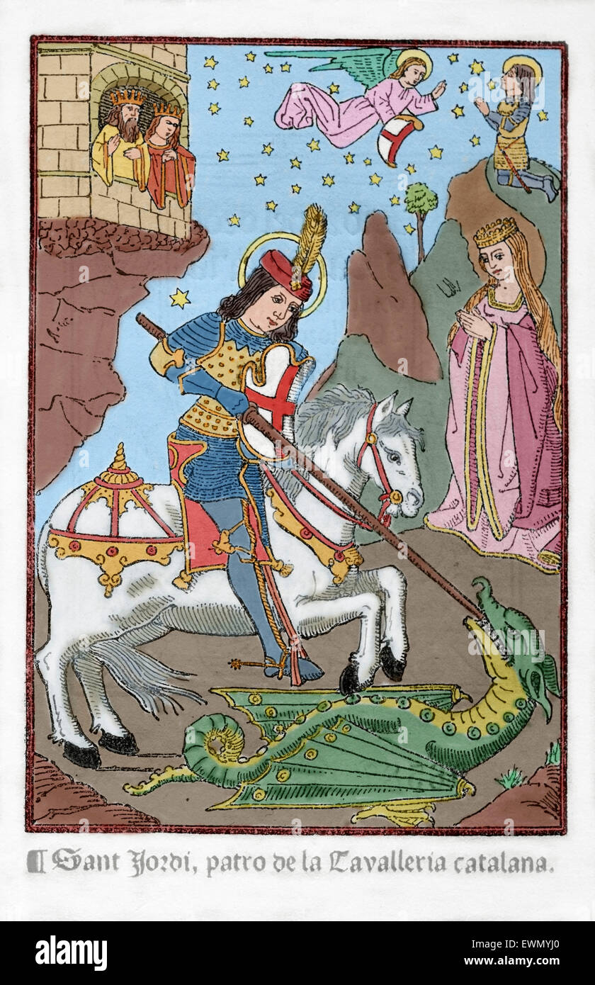 Saint George (c,275/281-303). Christian martyr. Engraving depicting St George as a young armored man fighting the dragon in a work by Ramon Llull. After a manuscript of 15th century. Colored. Stock Photo