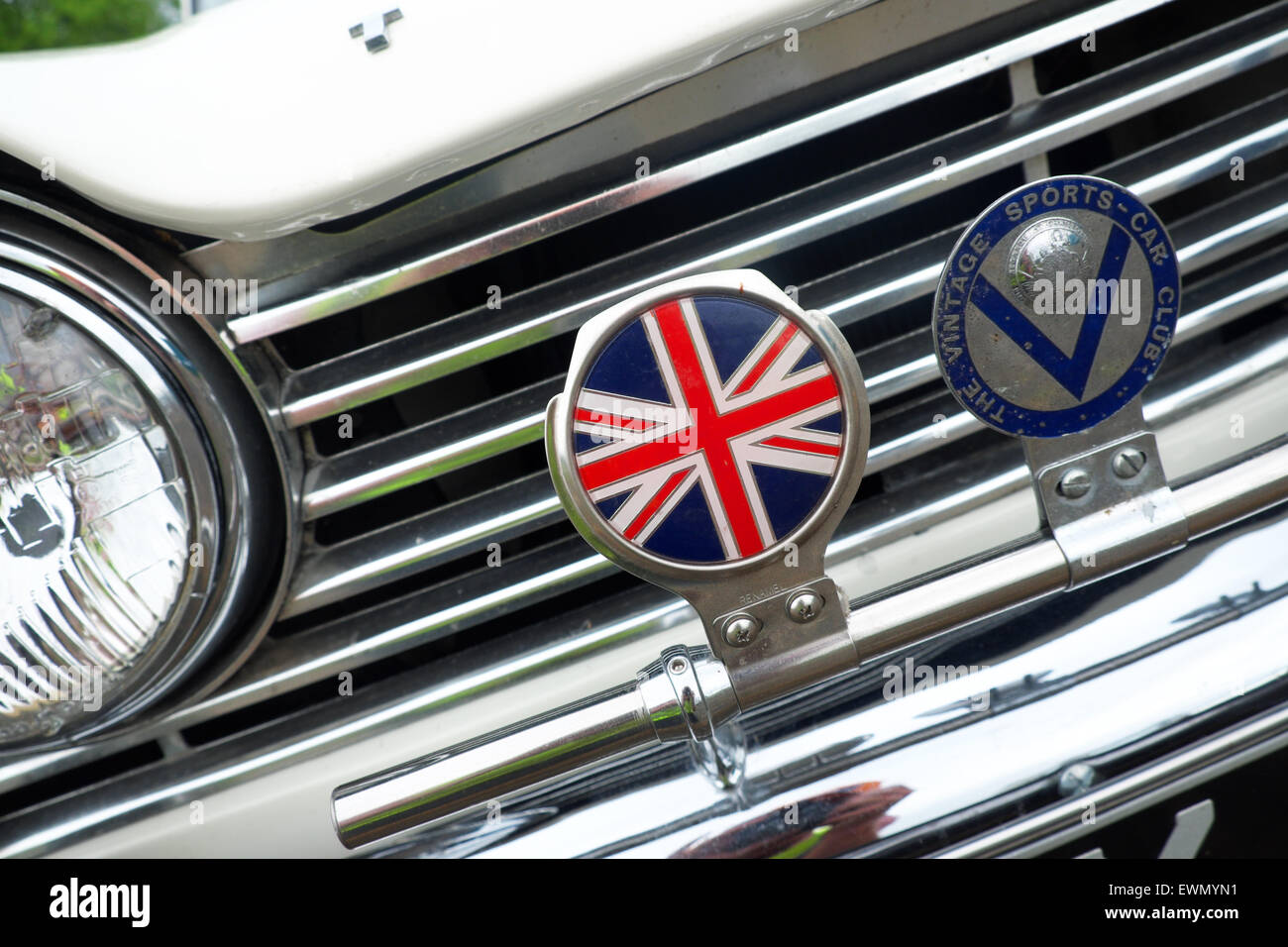 British flag emblem on a Triumph motor car from the 1960s Stock Photo