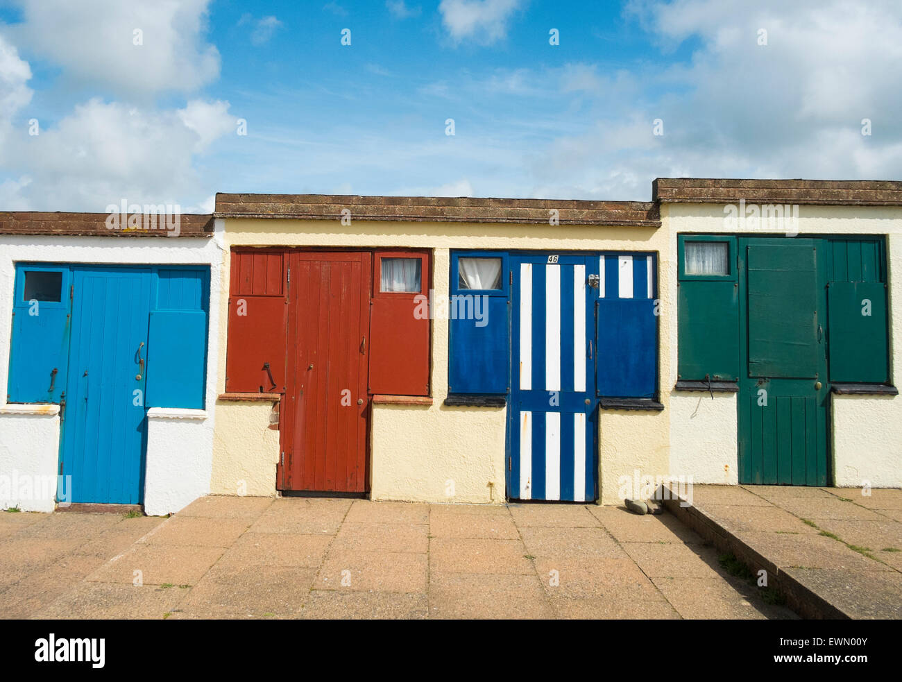 Colourful beach huts at Crooklets beach, Bude, Cornwall, England, UK Stock Photo
