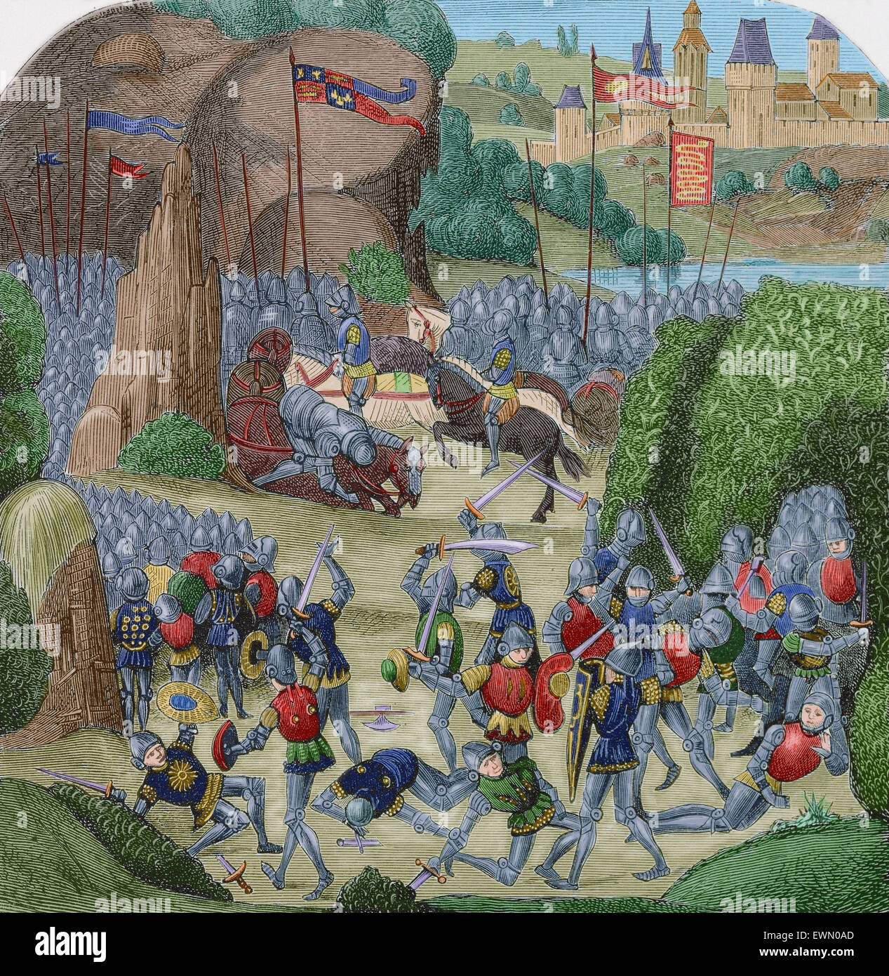 Battle of Otterburn. August 5, 1388. Fight on the border between the Scottish and English armies. Les Chroniques of Jean Froissart. Engraving of an edition of 1881. Colored. Stock Photo