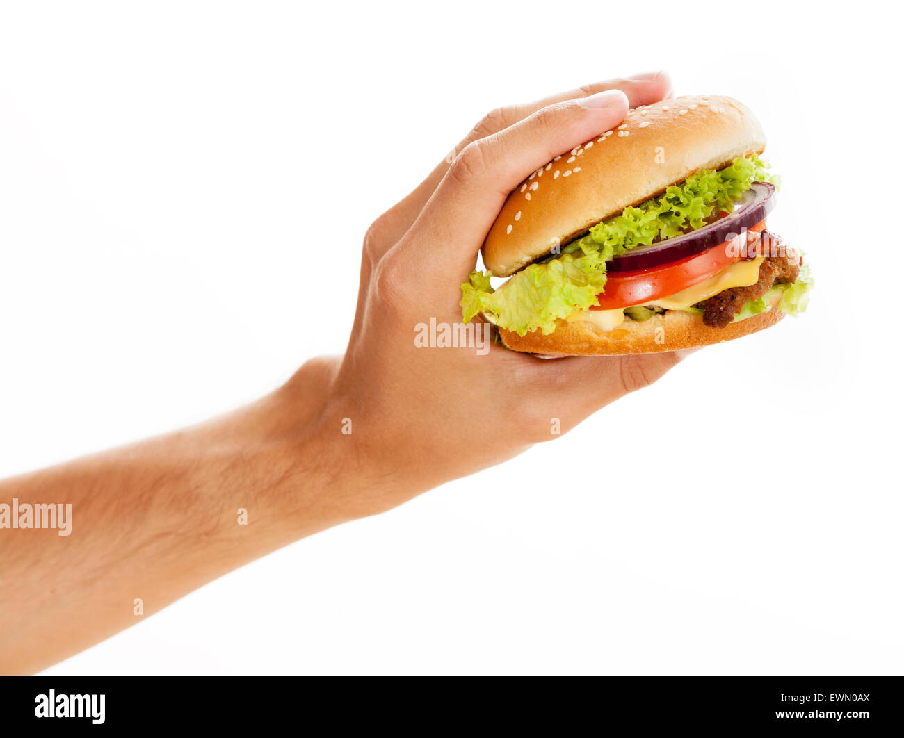 Hands holding a hamburger Stock Photo