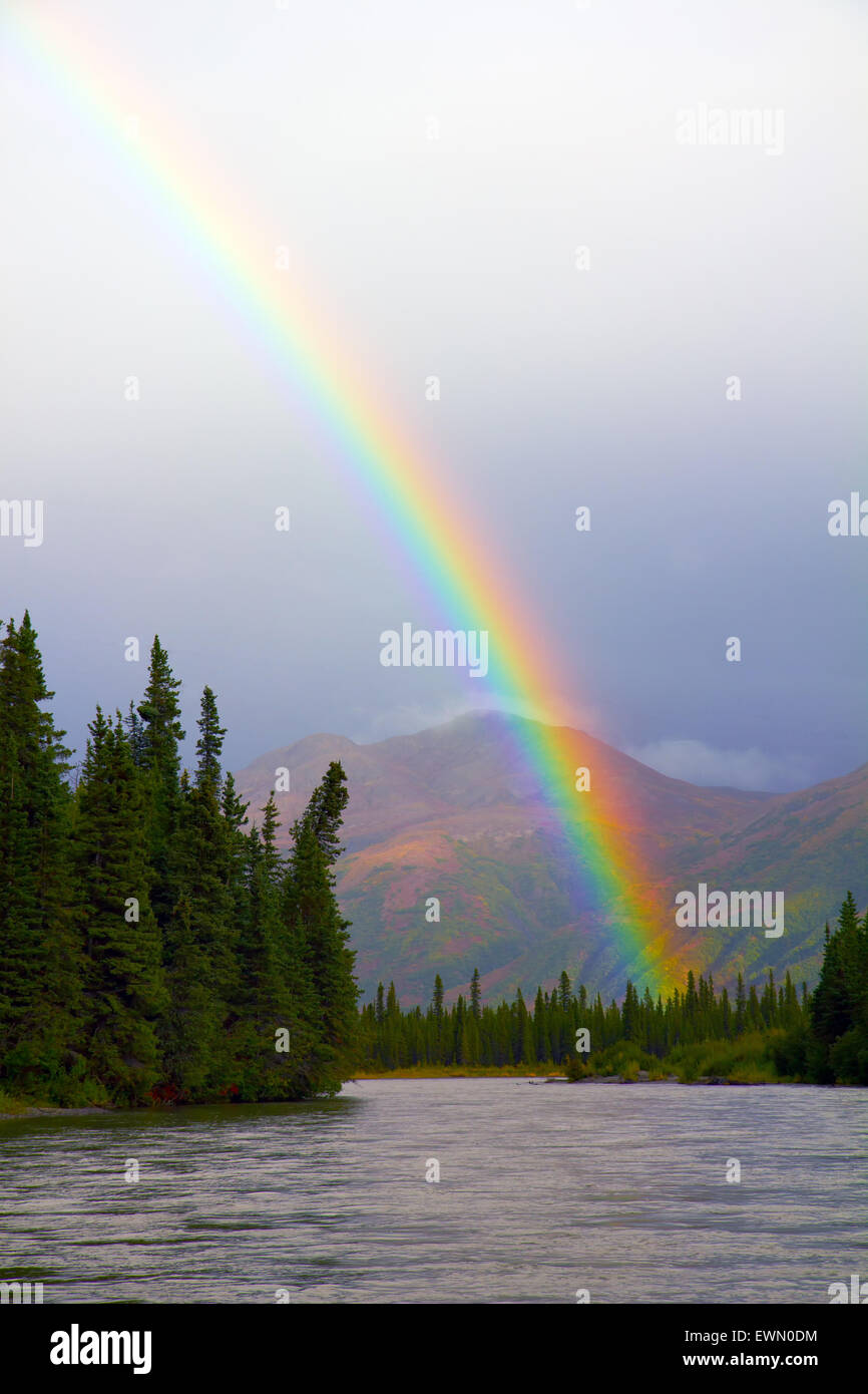 Rainbow at Sunset on the Nenana River in Alaska Stock Photo