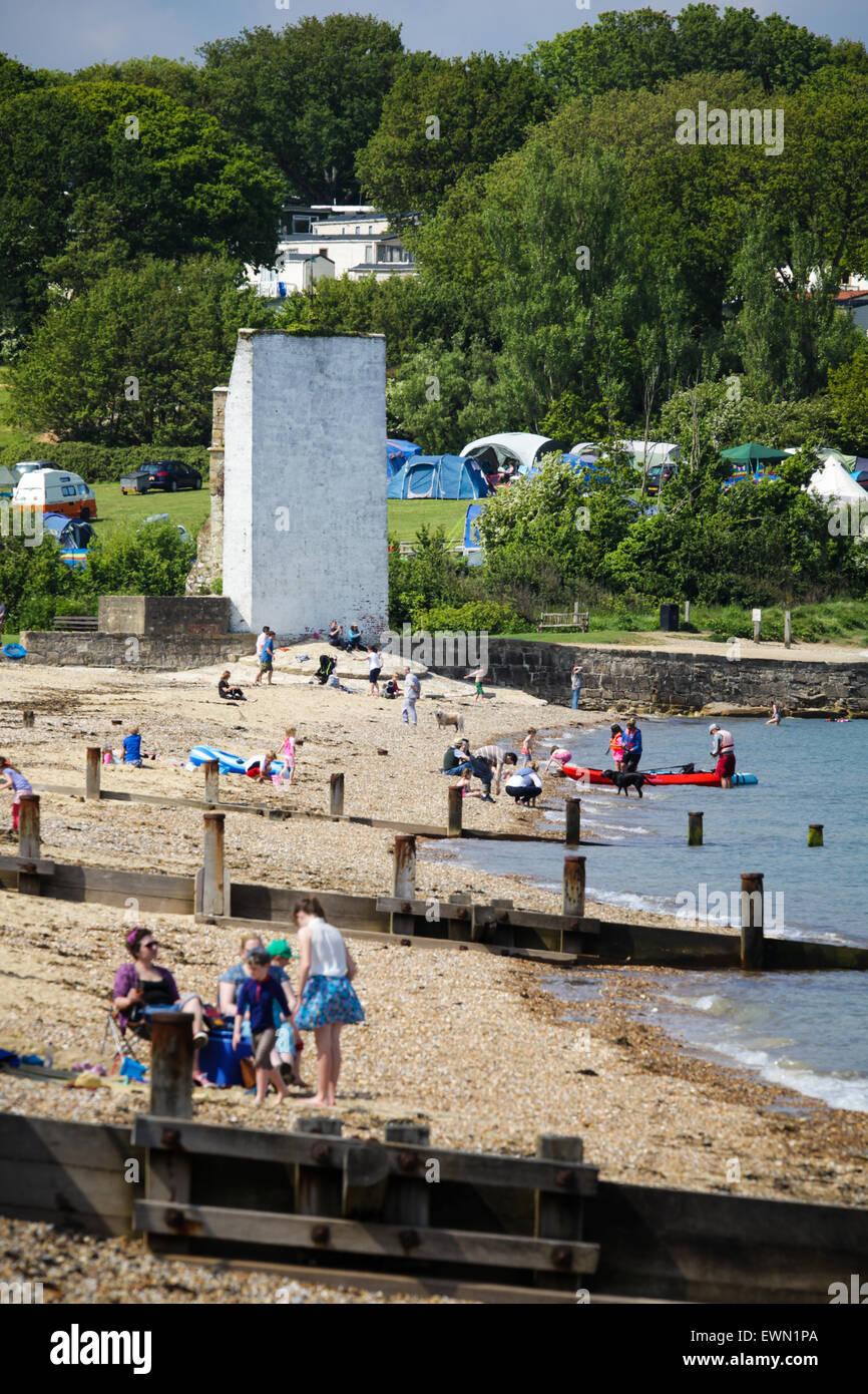 People enjoying the summer at the beach at St Helens Duver on the Isle of Wight Stock Photo