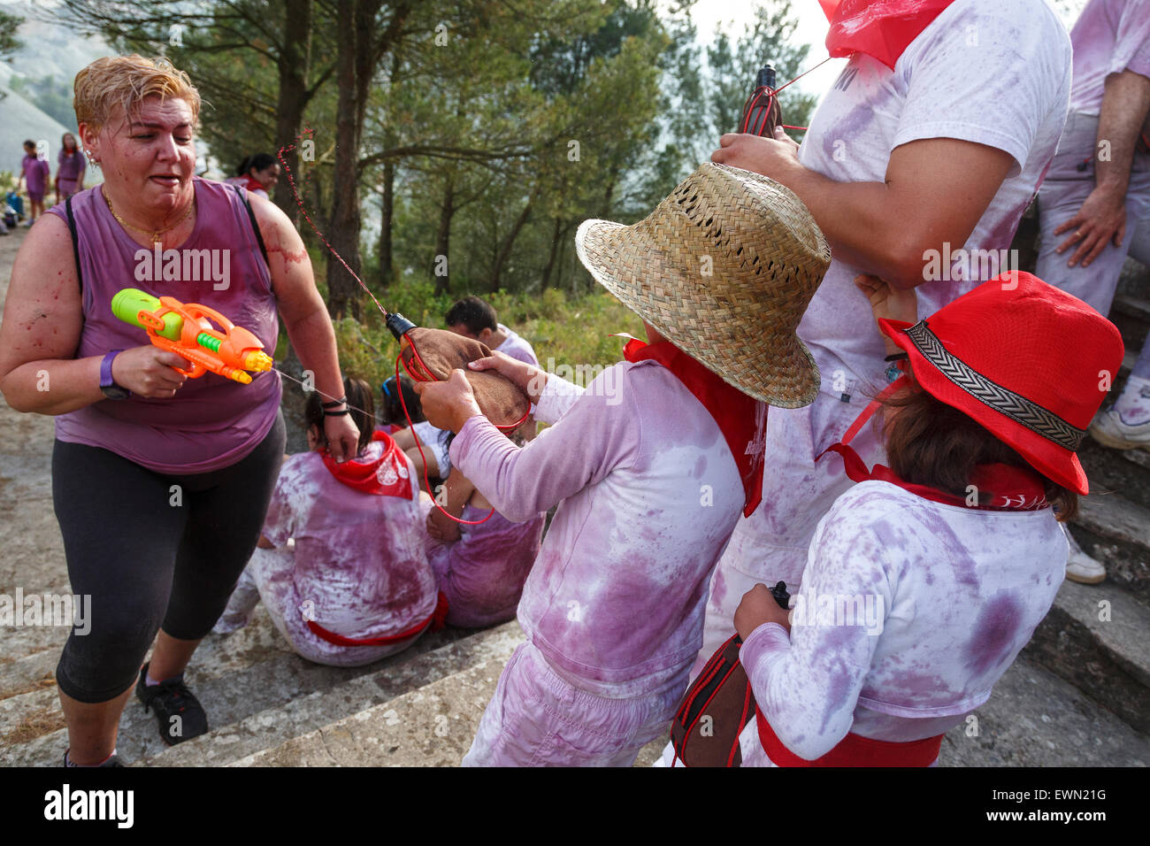 Woman and childrens shooting. Battle of wine festival. Haro. La Rioja. Spain Stock Photo