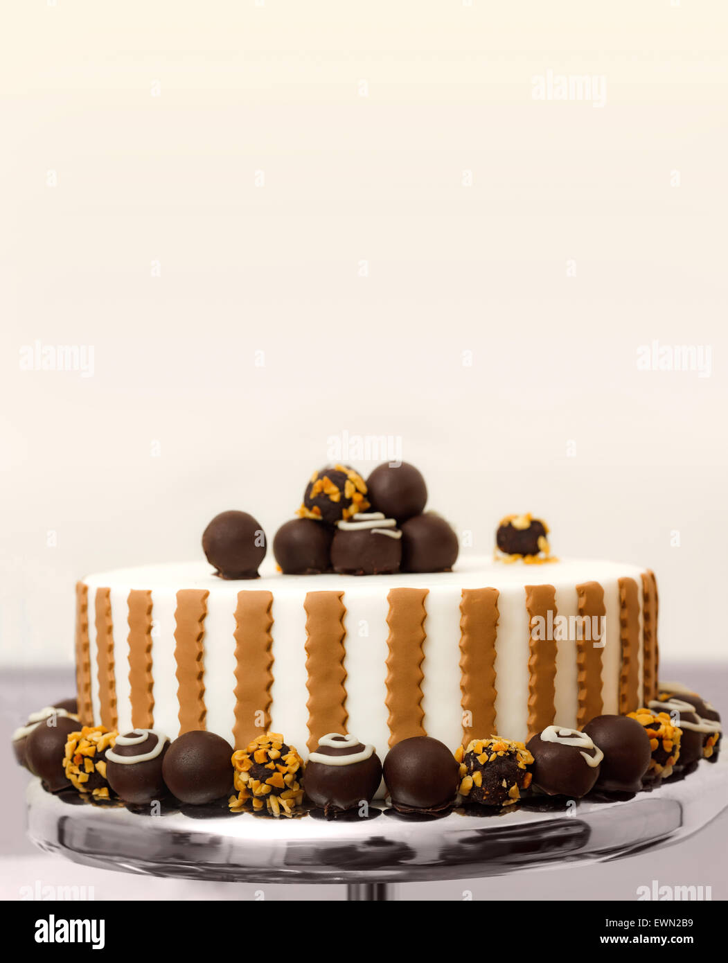 Chocolate bonbon cake on plate. Copy space above Stock Photo   Alamy