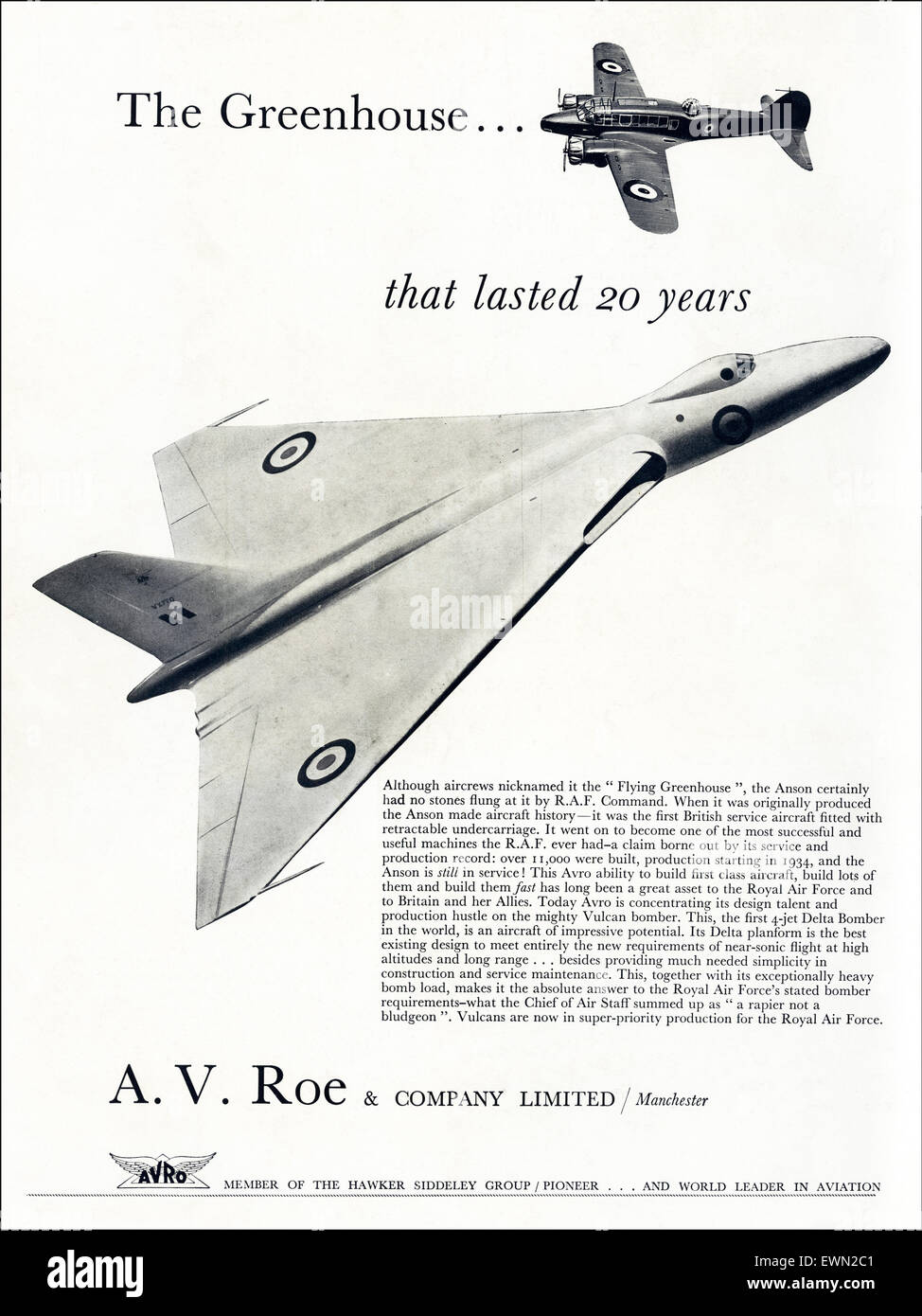 1950s advertisement circa 1954 magazine advert for A.V. Roe & Company Limited aircraft manufacturers of Manchester Stock Photo