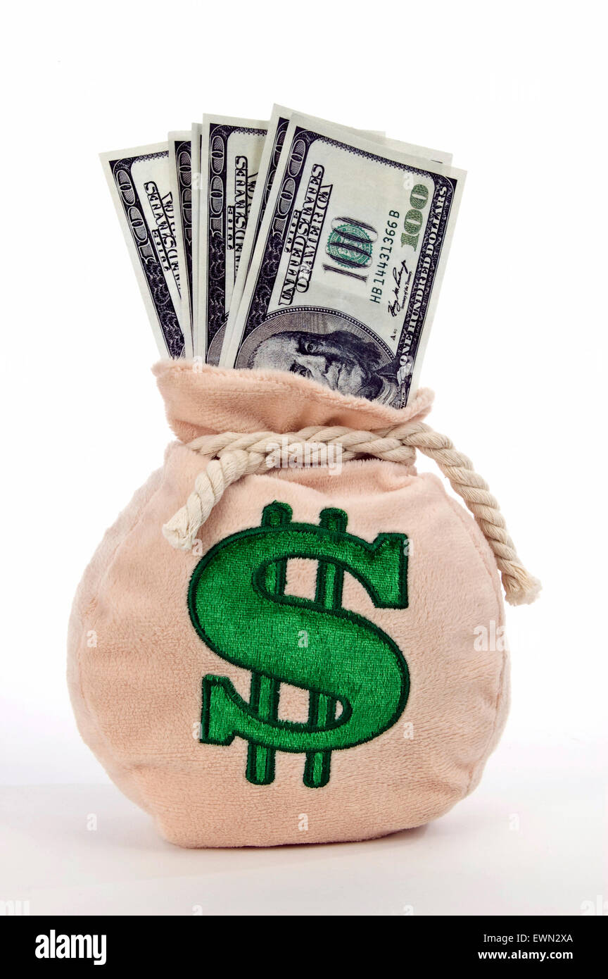 Money bag with dollar sign full of money isolated on white Stock Photo