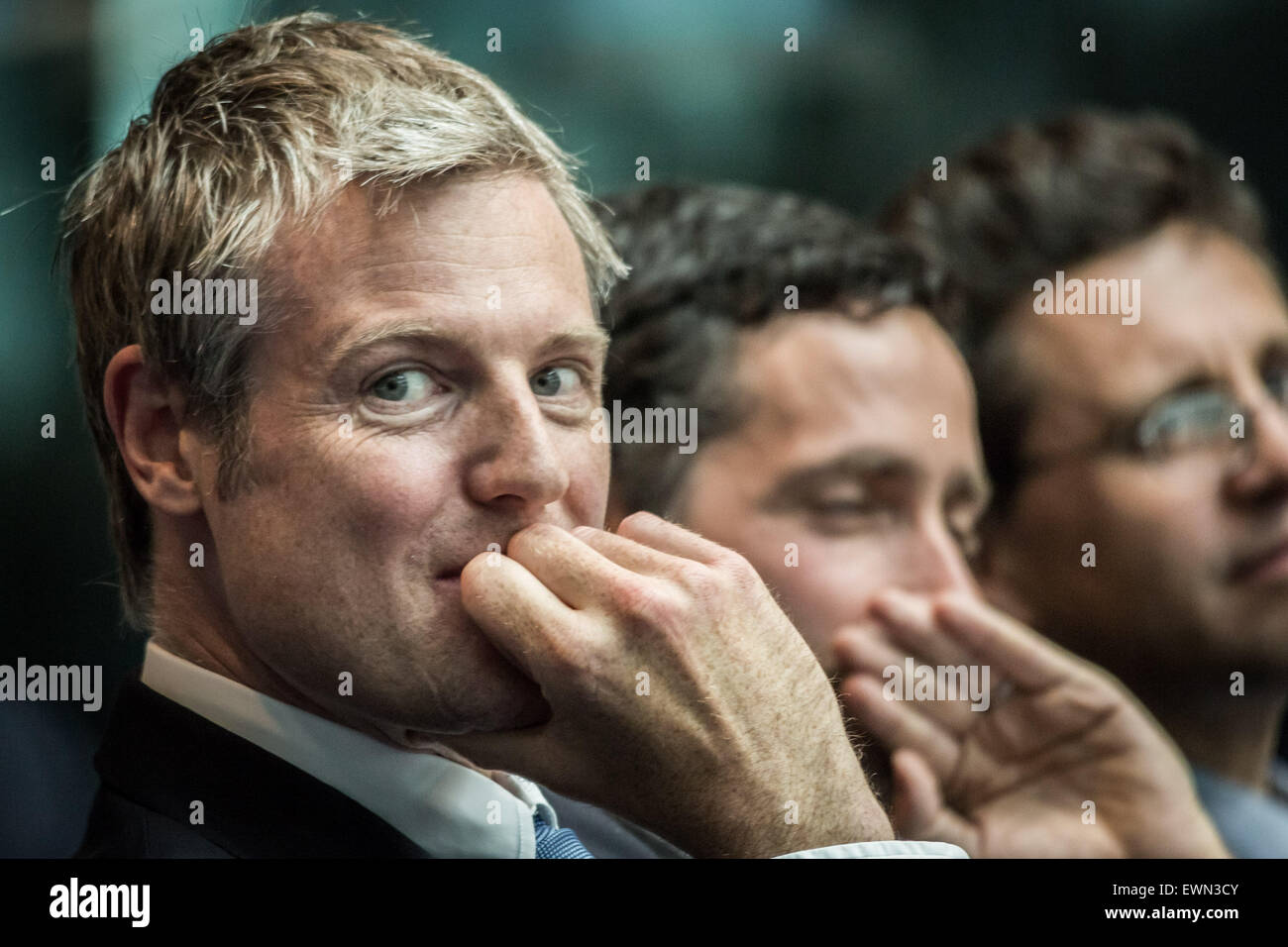 London, UK. 29th June, 2015. Zac Goldsmith MP joins Mayor Boris Johnson at launch of world-first zero emission electric double-decker bus trial at global Clean Bus Summit Credit:  Guy Corbishley/Alamy Live News Stock Photo