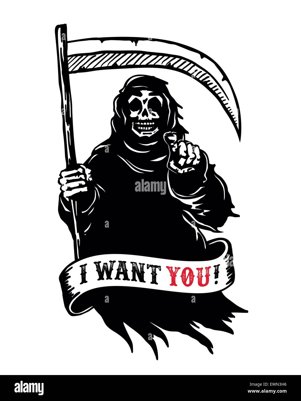 Grim reaper with scythe in dark hooded cloak, death pointing finger. I want you dead! black and white vector Stock Vector