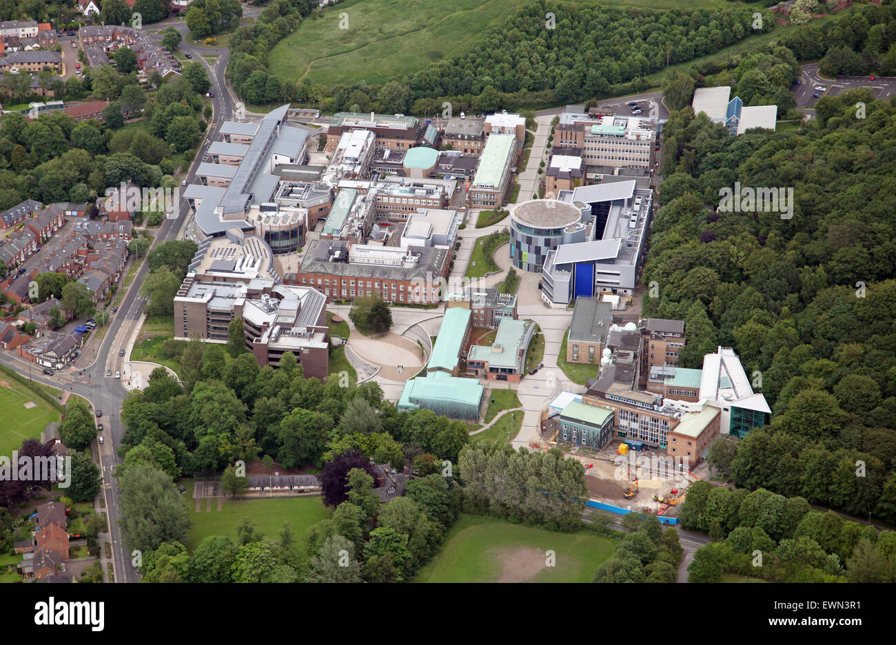 aerial view from the west of various Durham University colleges in the Stockton Road area of Durham city, UK Stock Photo