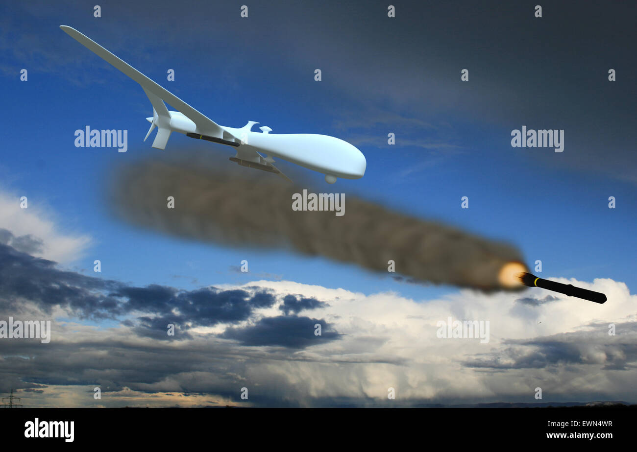 MQ-9 Reaper fires hellfire rocket Stock Photo