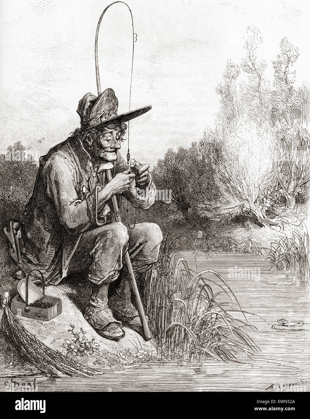 The Fisherman and the Little Fish (Le petit poisson et le pêcheur).  Gustave Doré's illustration of La Fontaine's fable. Stock Photo