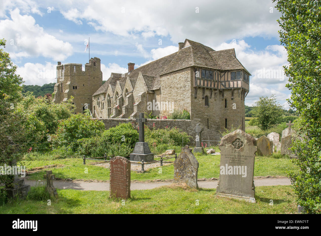 Stokesay Castle, Shropshire, in the care of English Heritage, viewed from Stokesay churchyard Stock Photo