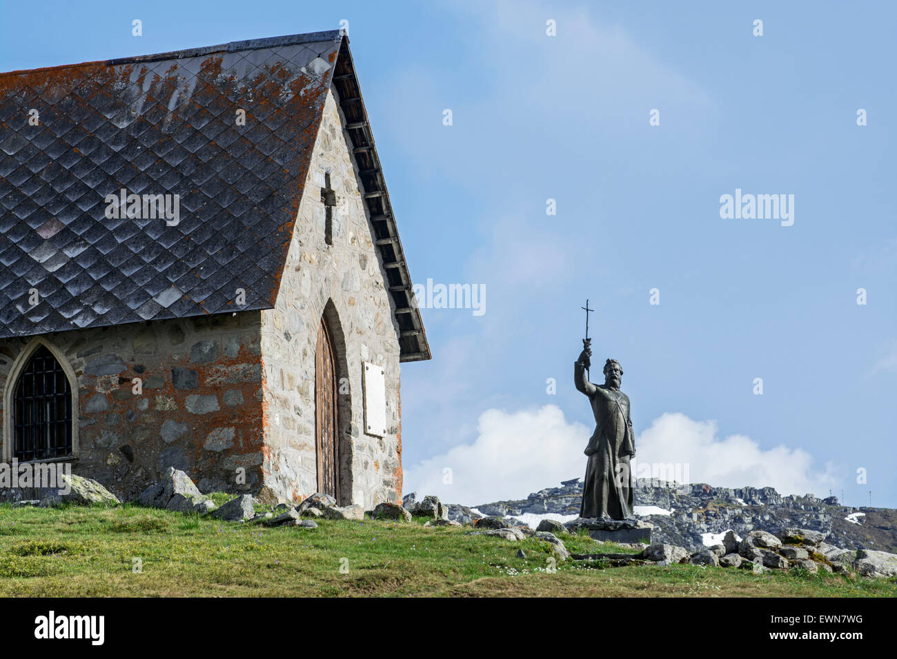 Chapel and statue of abbé Pierre Chanoux , Col du Petit-Saint-Bernard / Little St Bernard Pass on the France–Italy border, Alps Stock Photo