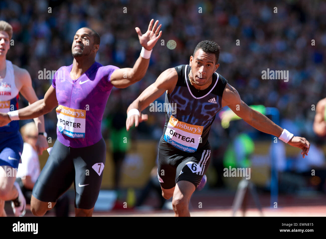 Orlando ORTEGA & Jeff PORTER, Men's 110m Hurdles, IAAF Diamond League 2015, Alexander Stadium, Birmingham, UK, 7th June 2015. Stock Photo