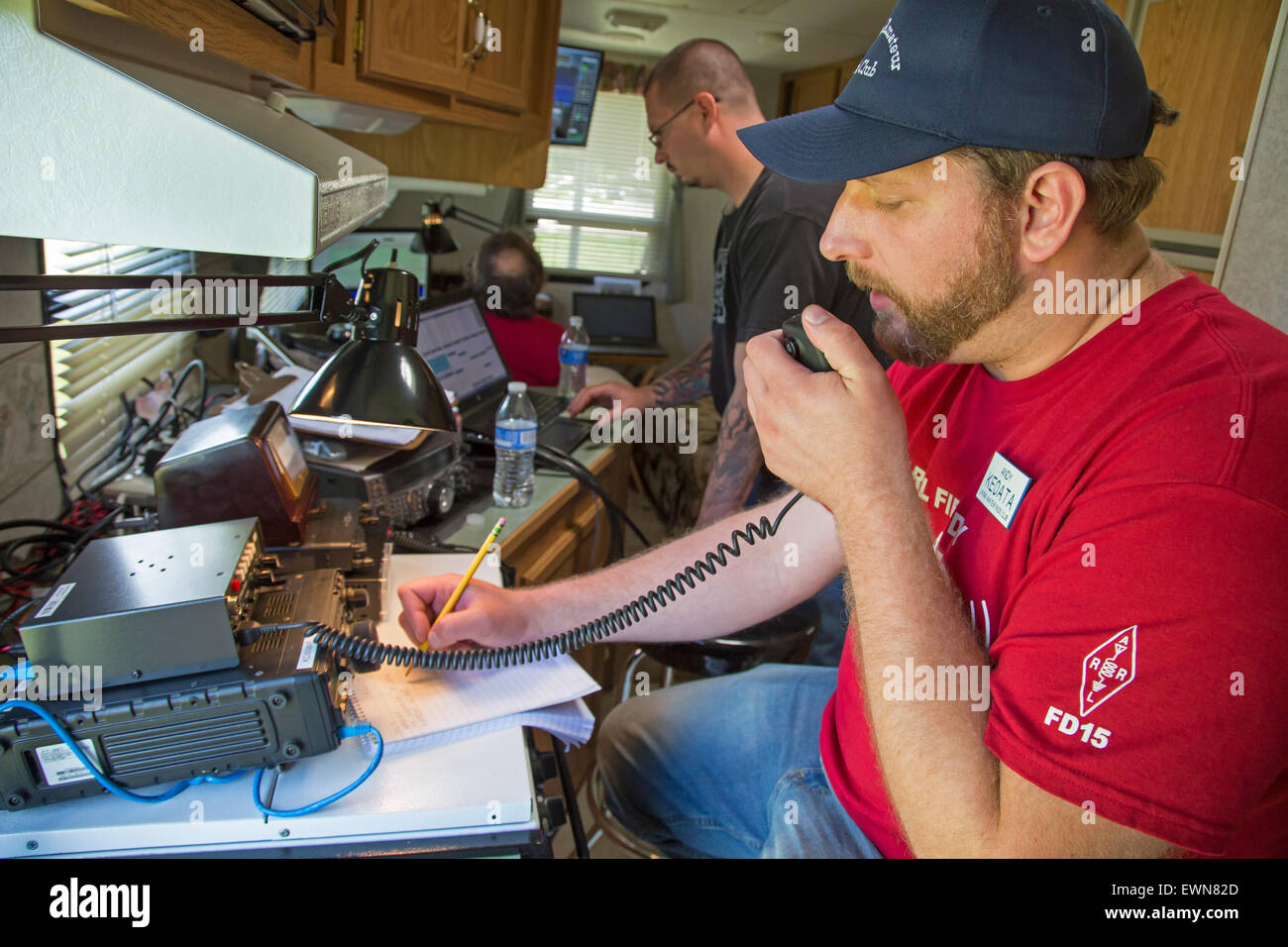 Livonia, Michigan - Amateur radio operators participate in the American Radio Relay League's annual field day. Stock Photo