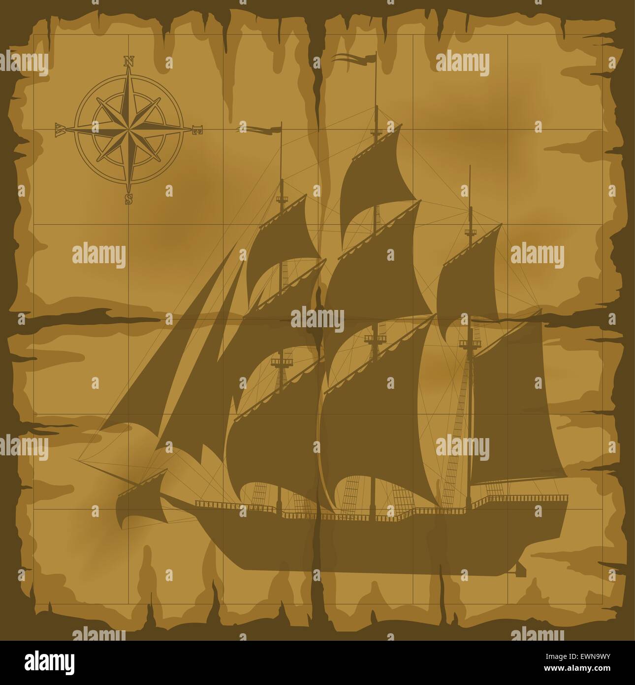 old map with image of large ship and compass rose. vector illustration