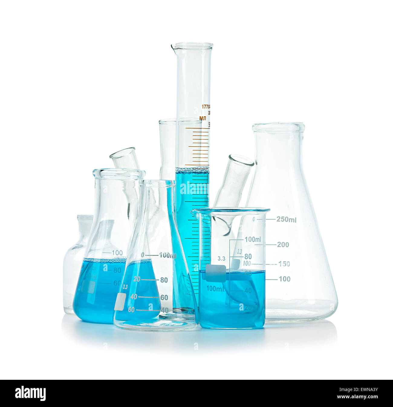 Test-tubes, flasks with blue liquid isolated on white Stock Photo - Alamy