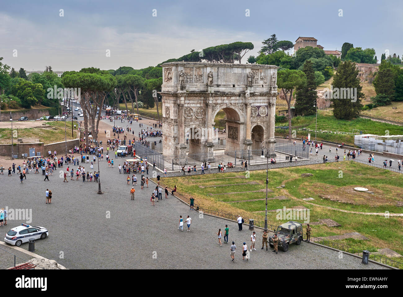 The Arch of Constantine is a triumphal arch in Rome, situated between the Colosseum and the Palatine Hill Stock Photo