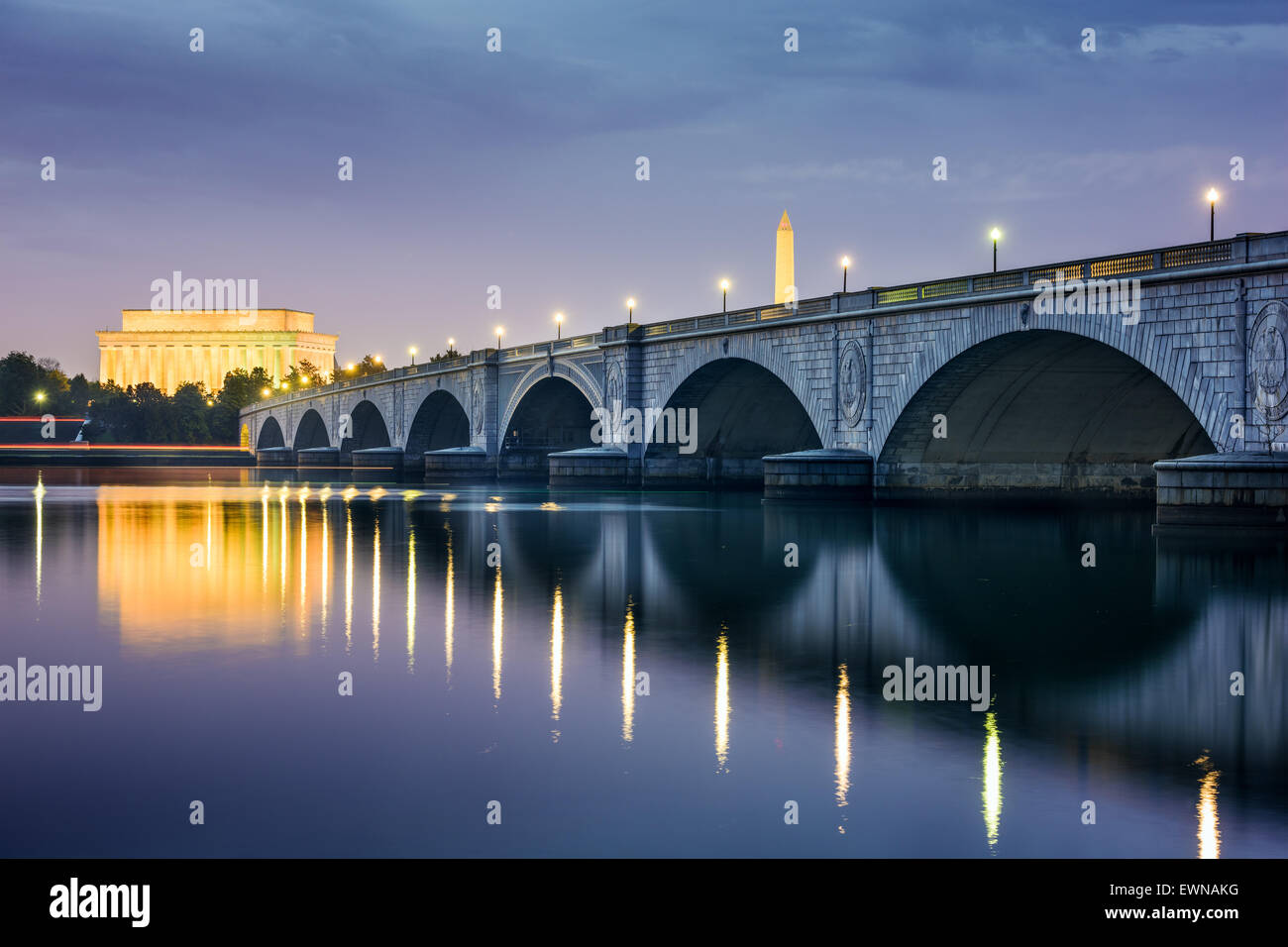 Washington DC, USA skyline on the Potomac River with Lincoln Memorial, Washington Memorial, and Arlington Memorial Bridge. Stock Photo