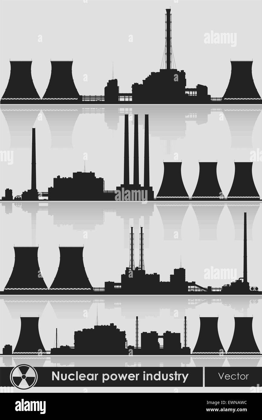 Silhouettes of a nuclear power plants. Vector illustration. Stock Vector