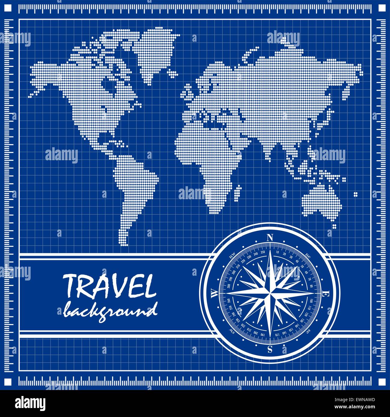 Blueprint. Travel background with dotted world map and compass rose. Vector illustration Stock 