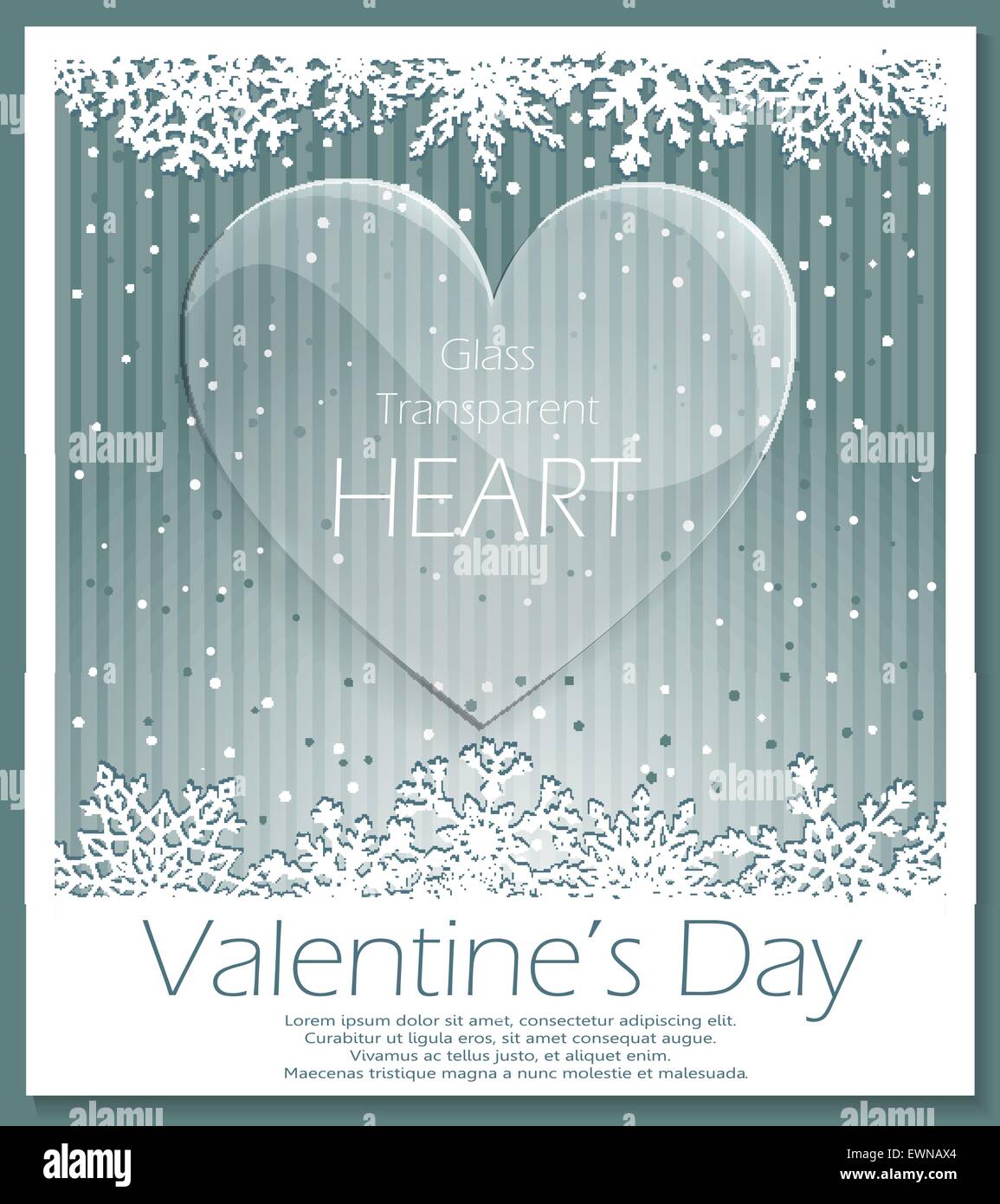 Valentines Day glass transparent heart over striped snowing background. Love background. Vector eps10. Stock Vector