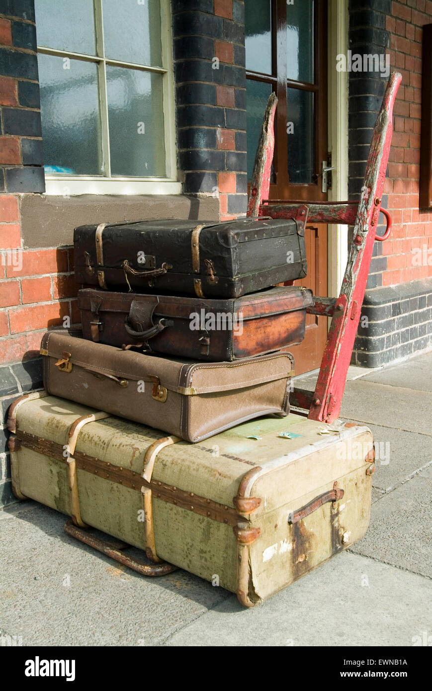 Stacked luggages on a railway station England UK Europe Stock Photo