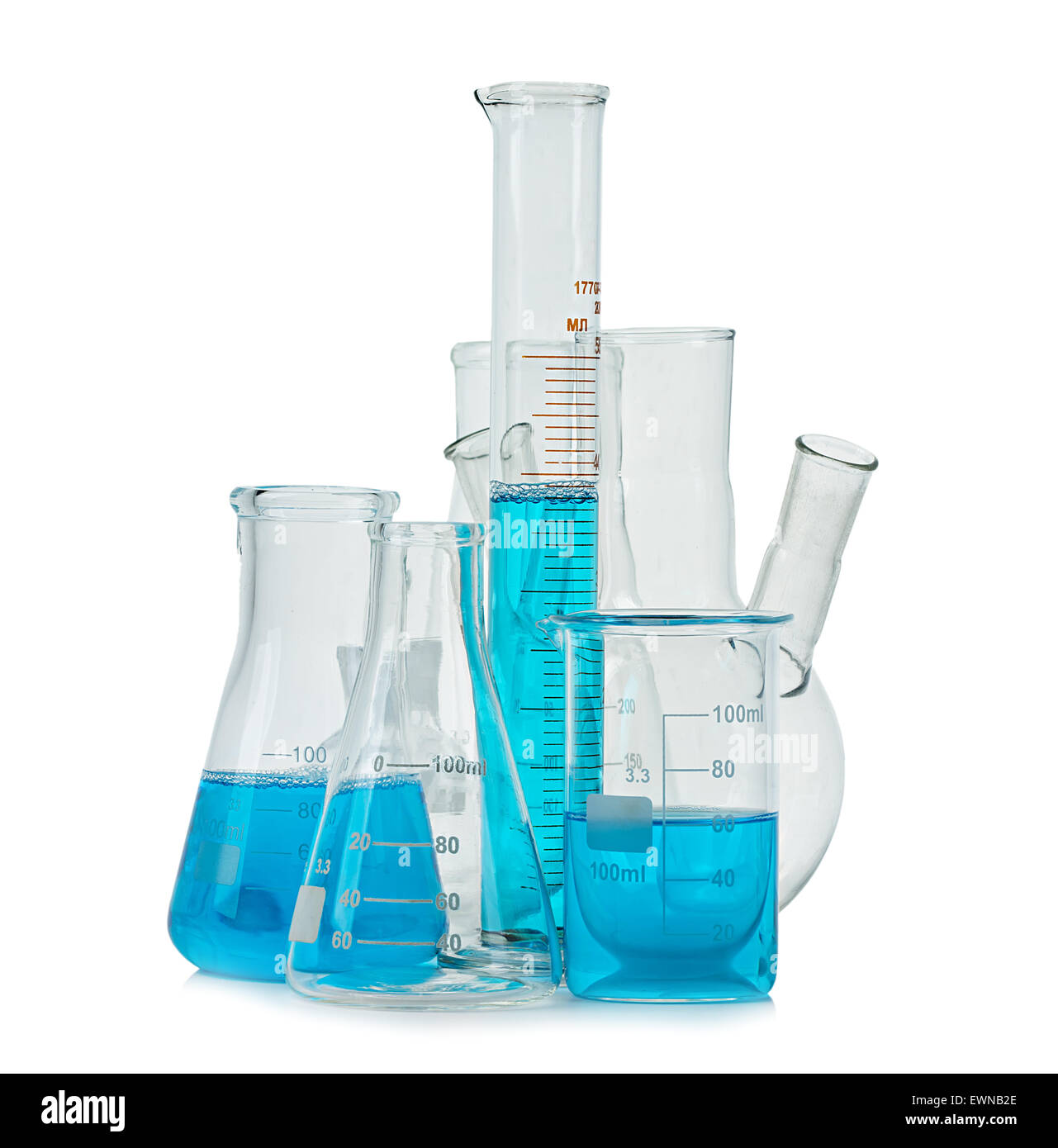 Testtubes, flasks with blue liquid isolated on white Stock Photo Alamy